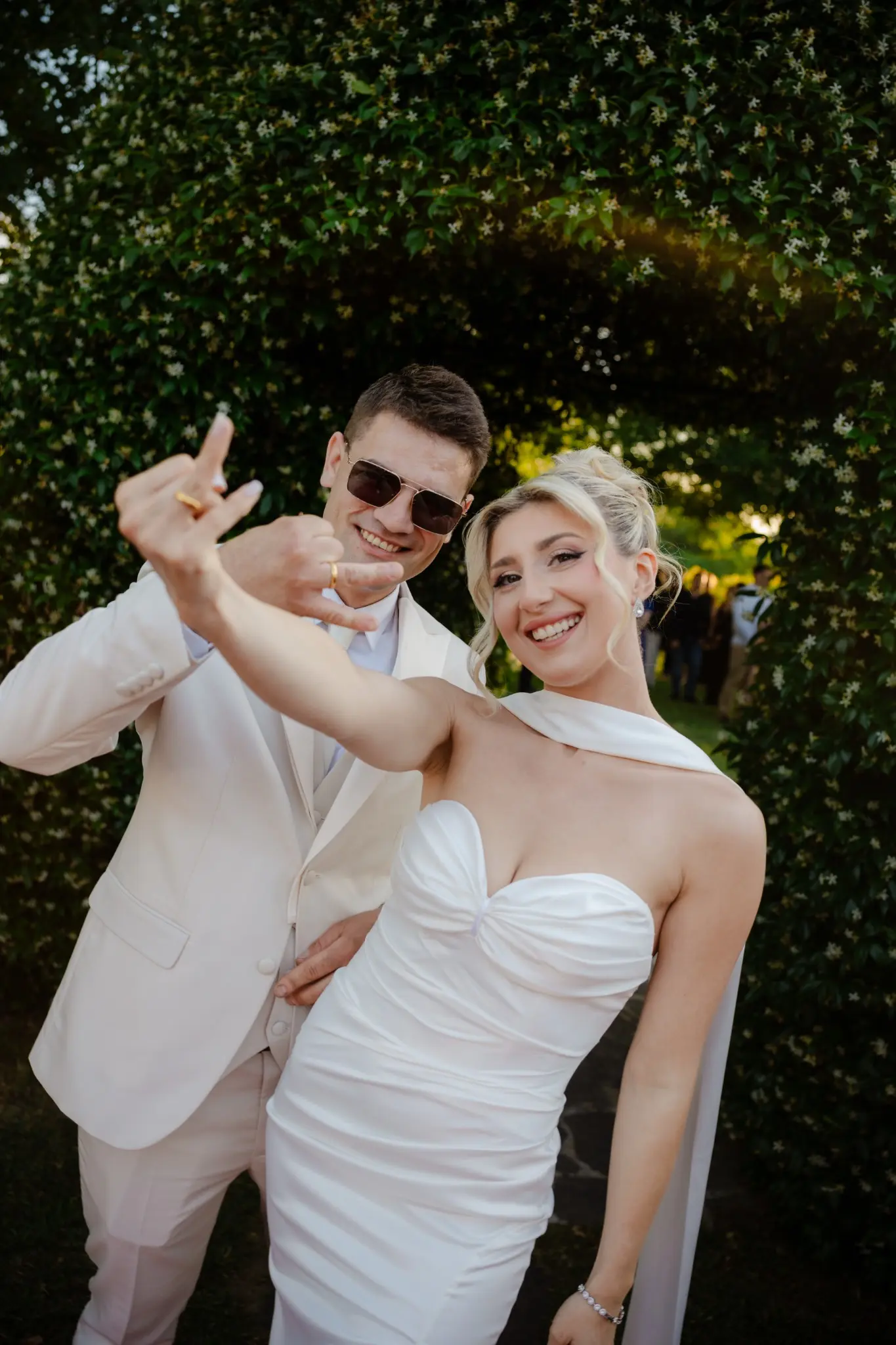 Bride and groom laughing together